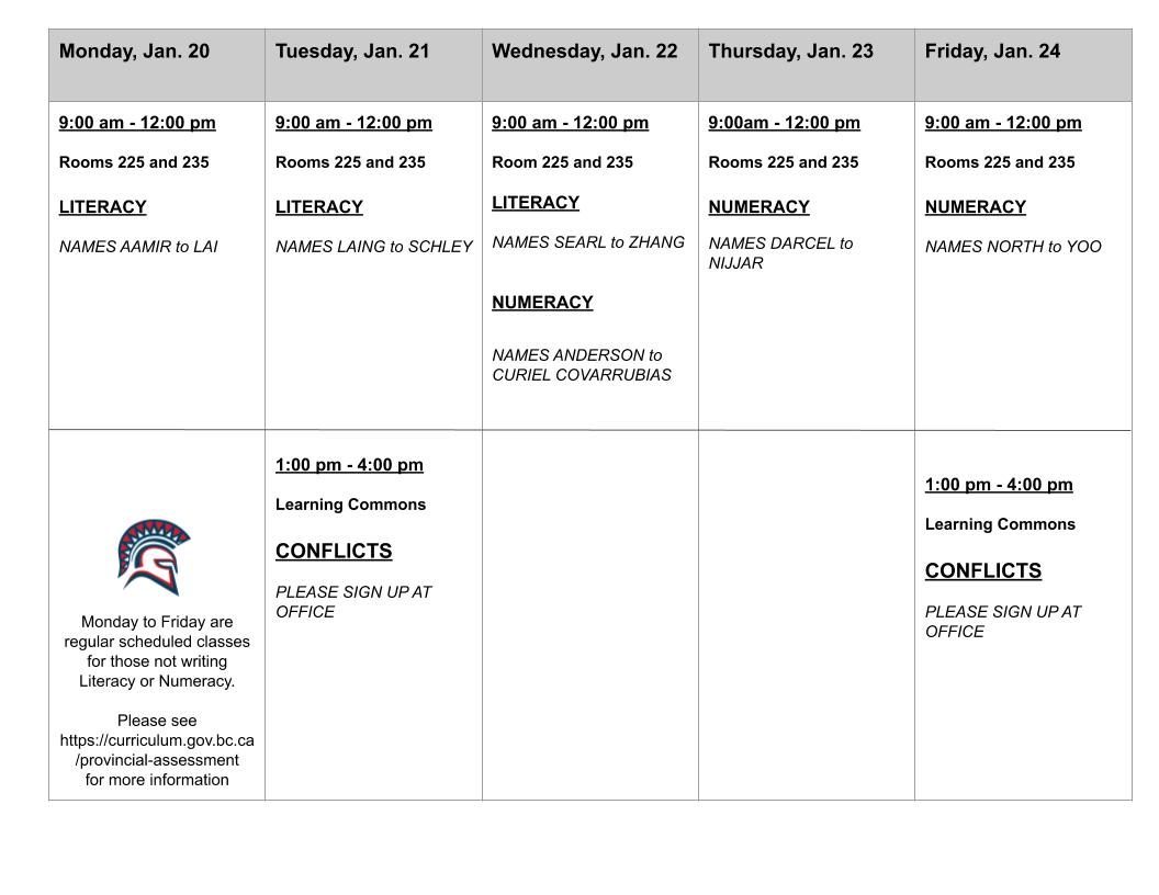 January Assessment Schedules